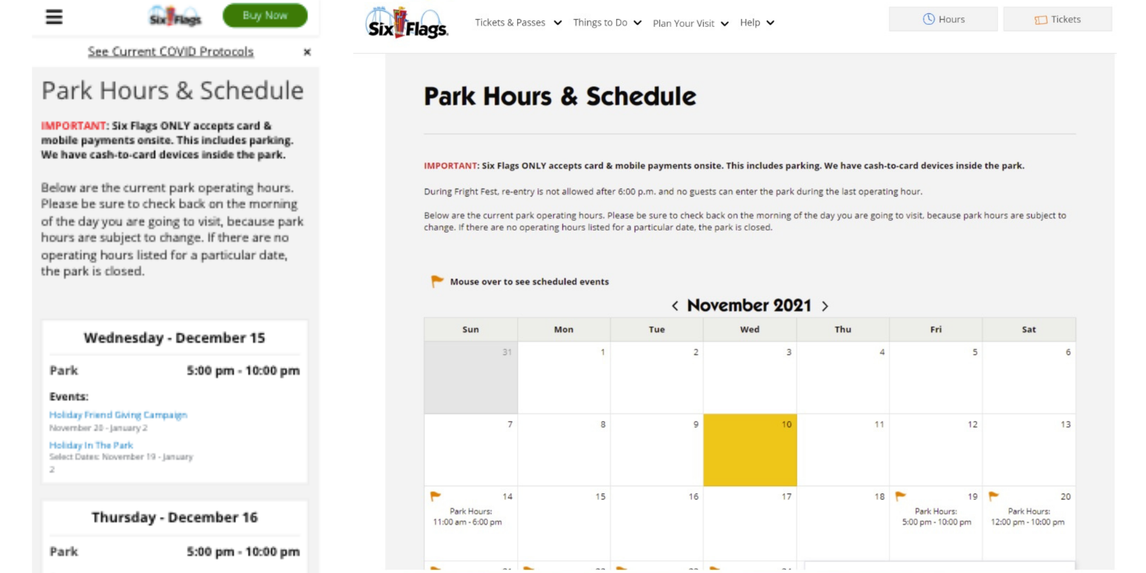 Screenshot of Sixflags.com calendar landing page prior to update