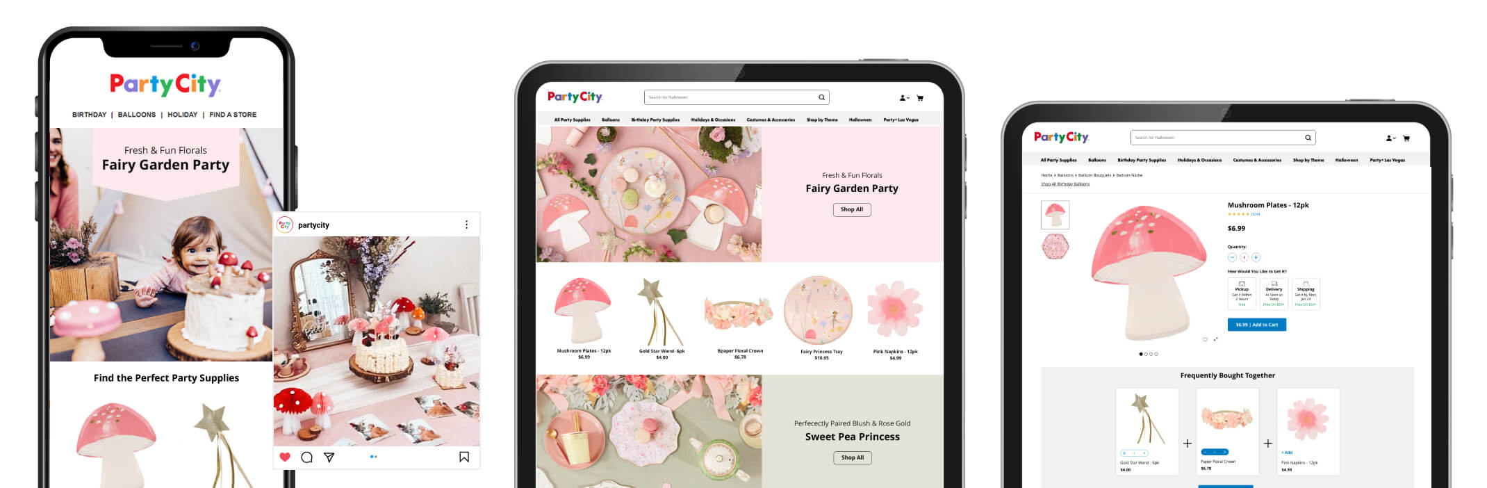 Omni-channel journey example for Fairy First Birthday campaign showing mobile, tablet PLP, and tablet PDP views