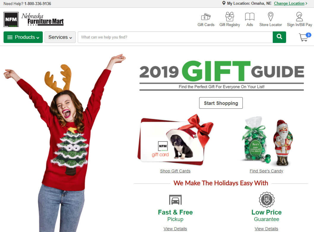 Image of Cheering girl wearing holiday sweater next to content feature the holiday categories