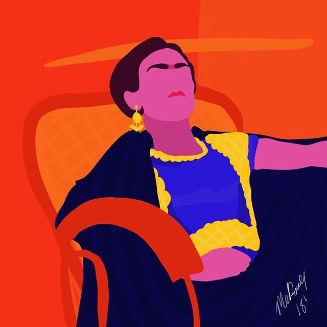 Brightly colored digital illustration of Frida Kalho relaxing in a chair