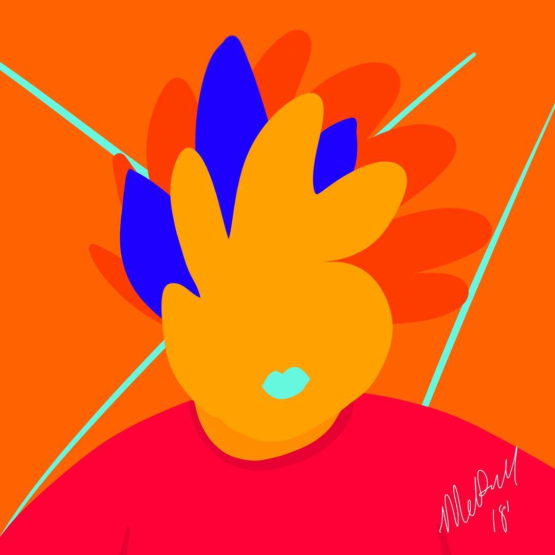 Brightly colored abstract digital illustration of a person