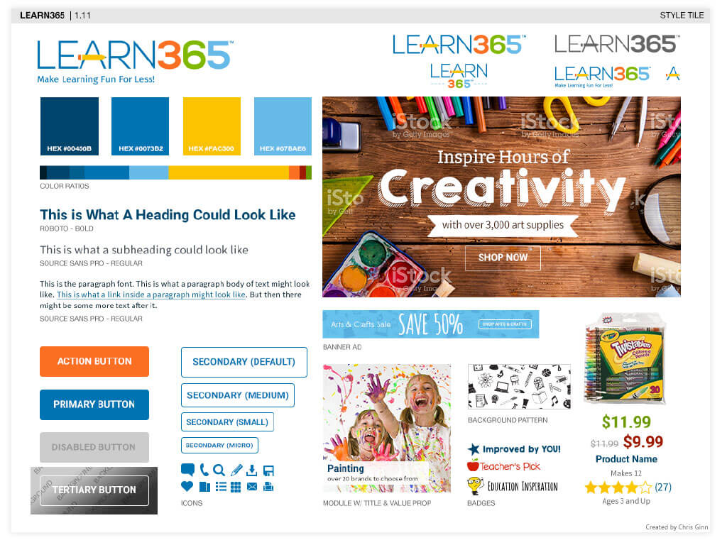 Style tile showing the first draft design direction for Learn 365